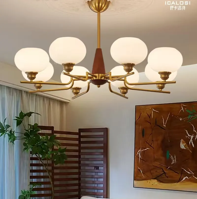 Sphere Walnut Chandelier with Frosted Glass Globes and Walnut Accents