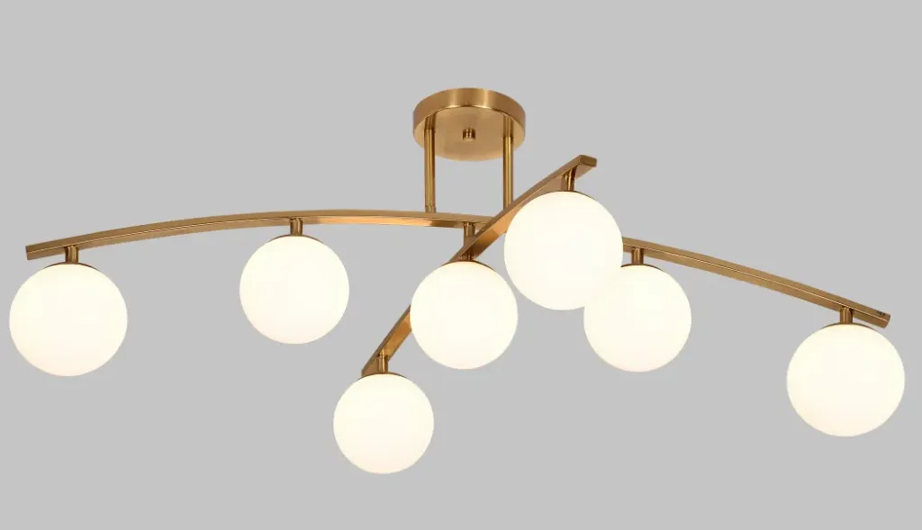 Modern Gold Semi-flush Dining Light with White Globe Shades