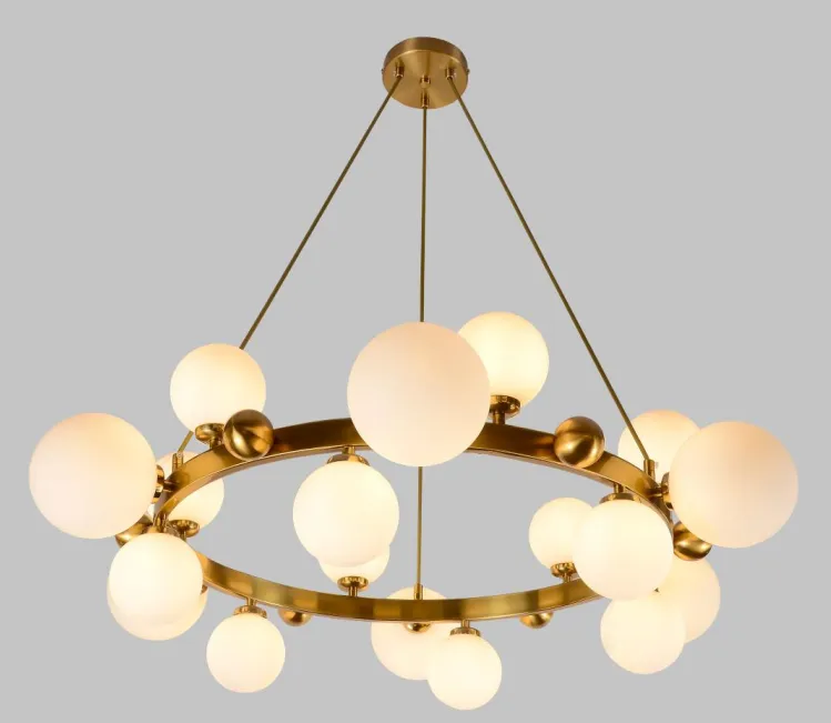 Modern Brass and Glass Globe Ring Chandelier