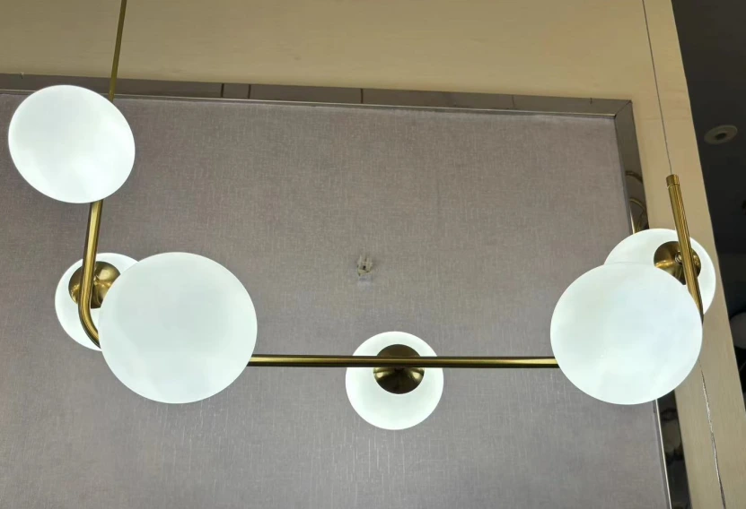 Modern Brass Sputnik Pendant with White Glass Globes