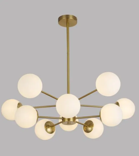Modern Brass Sputnik Chandelier with White Glass Globes